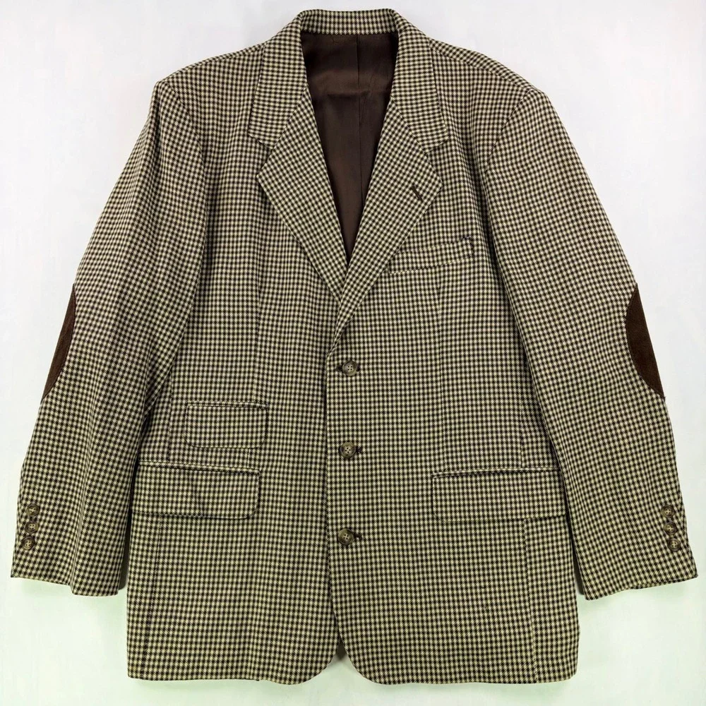 Vintage Banana Republic Wool Blazer Mens L Tan Houndstooth Elbow Patch USA